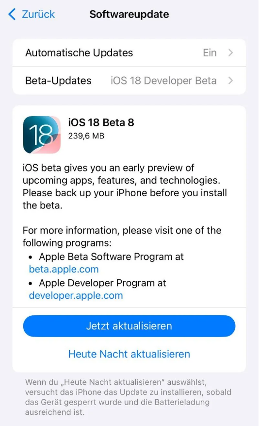 秀峰苹果手机维修分享苹果 iOS / iPadOS 18 开发者预览版 Beta 8 发布 